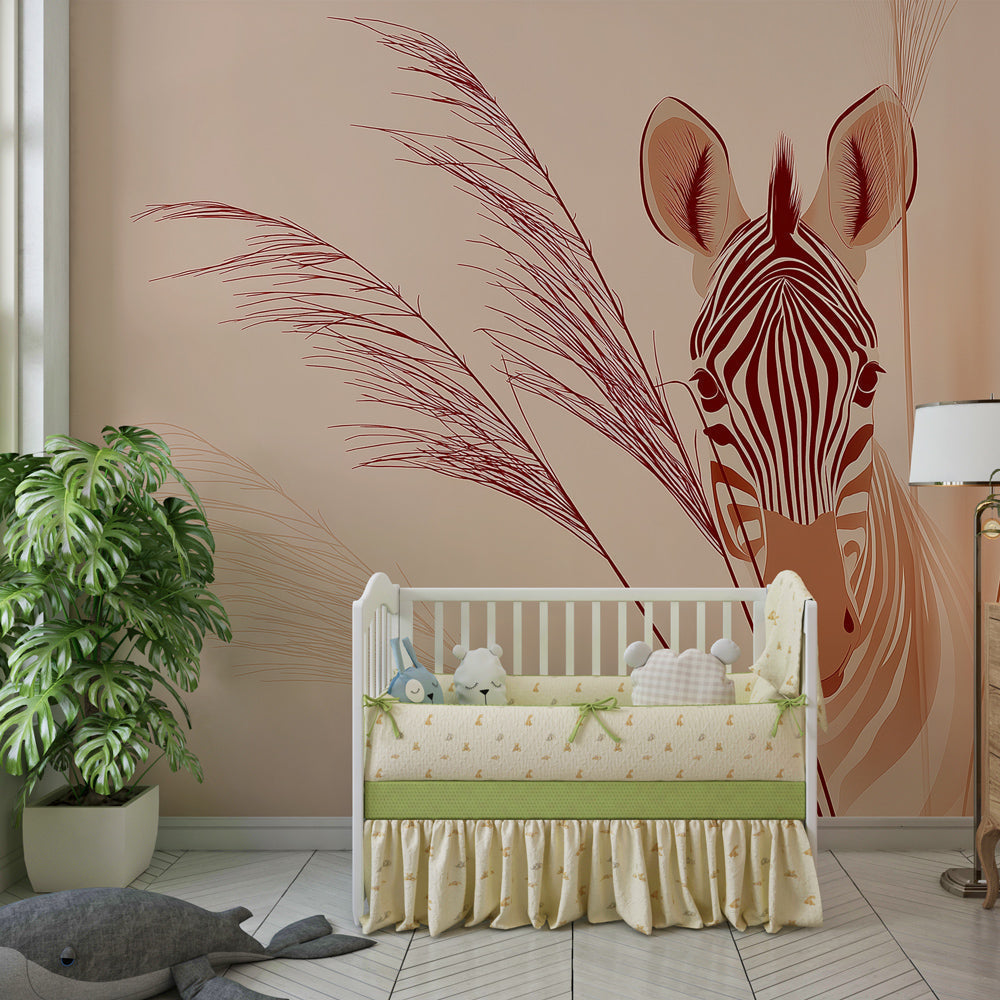 Gentle zebra wallpaper creating peaceful safari nursery atmosphere with soft lighting