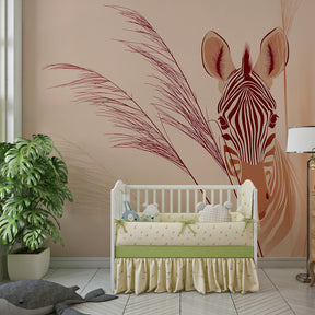 Gentle zebra wallpaper creating peaceful safari nursery atmosphere with soft lighting