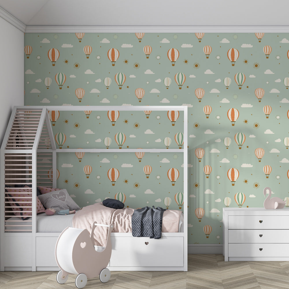 Kids-Mundo hot air balloon pattern wall mural in a children's bedroom setting