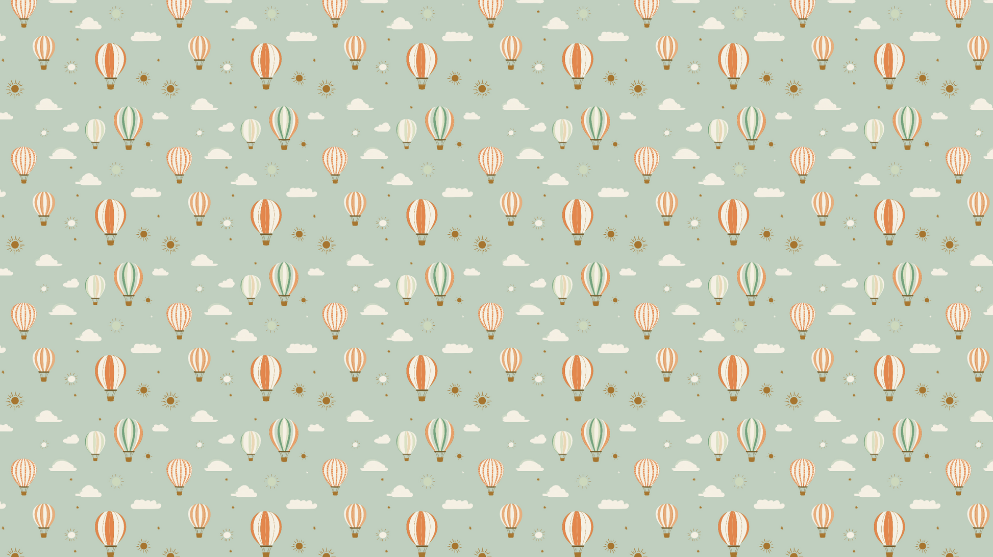 Kids-Mundo flat artwork of a repeating hot air balloon pattern on a sage green background