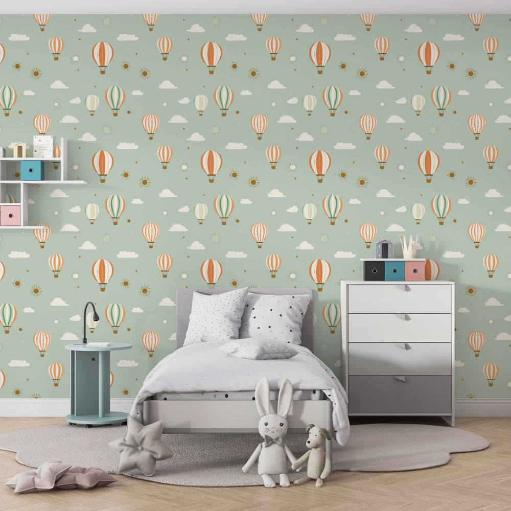 Kids-Mundo sage green balloon pattern wall mural in a playroom feature wall