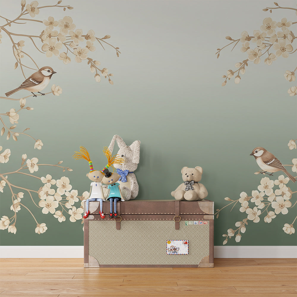 Kids-Mundo sage blossom branch wall mural brightening a calm children's playroom corner.