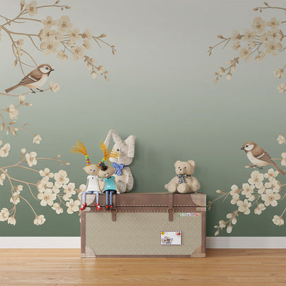 Kids-Mundo sage blossom branch wall mural brightening a calm children's playroom corner.