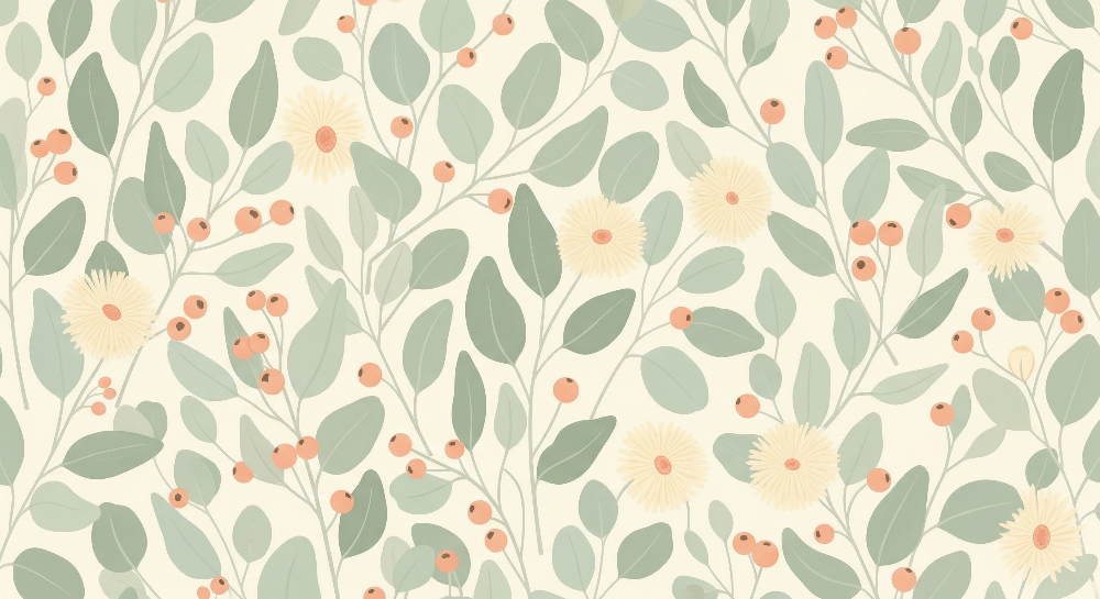 Sage Botanical Leaves and Berries Pattern Wall Mural