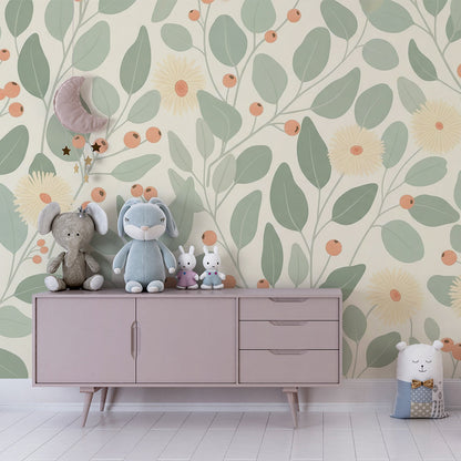 Kids-Mundo sage botanical leaf and berry wall mural covering a wall in a bright children's playroom