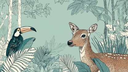 Kids-Mundo sage forest mural artwork with a spotted deer, toucan and fine ink ferns