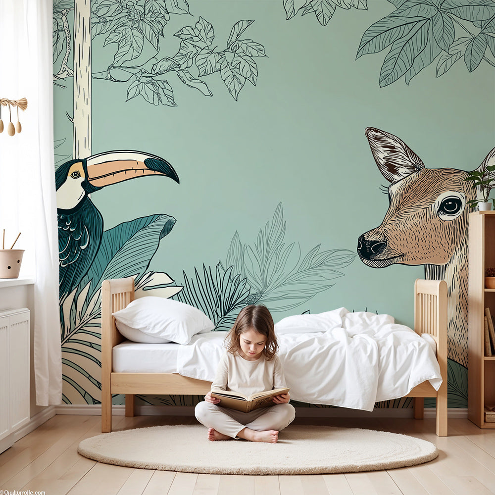 Kids-Mundo sage deer and toucan wall mural styled behind a cot in a green nursery
