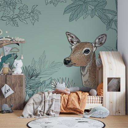 Kids-Mundo deer and toucan forest wall mural brightening a children's playroom