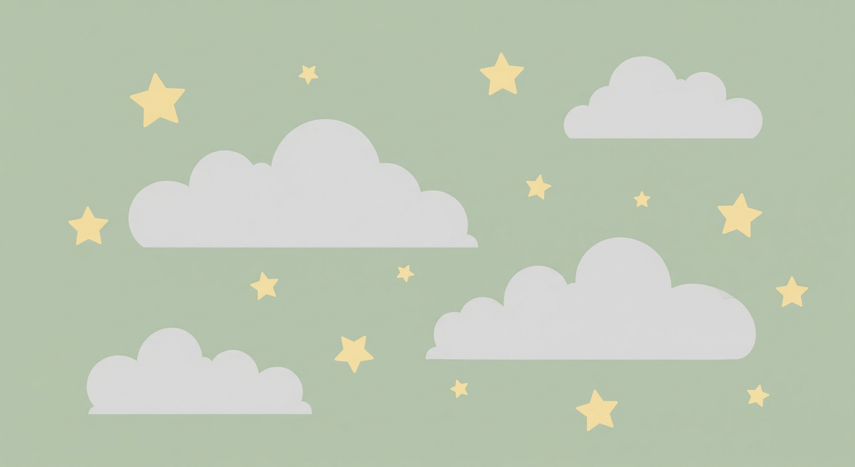 Sage Green Clouds and Gold Stars Wall Mural