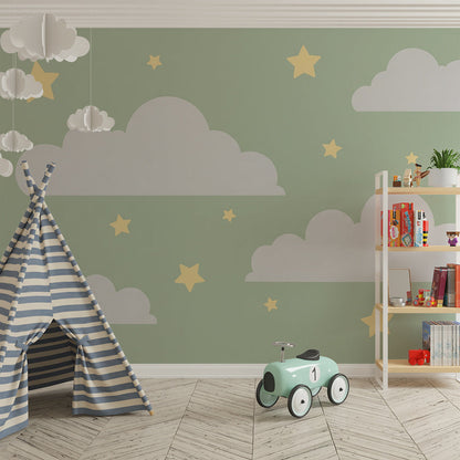 Kids-Mundo sage green cloud and gold star wall mural covering a bright playroom wall