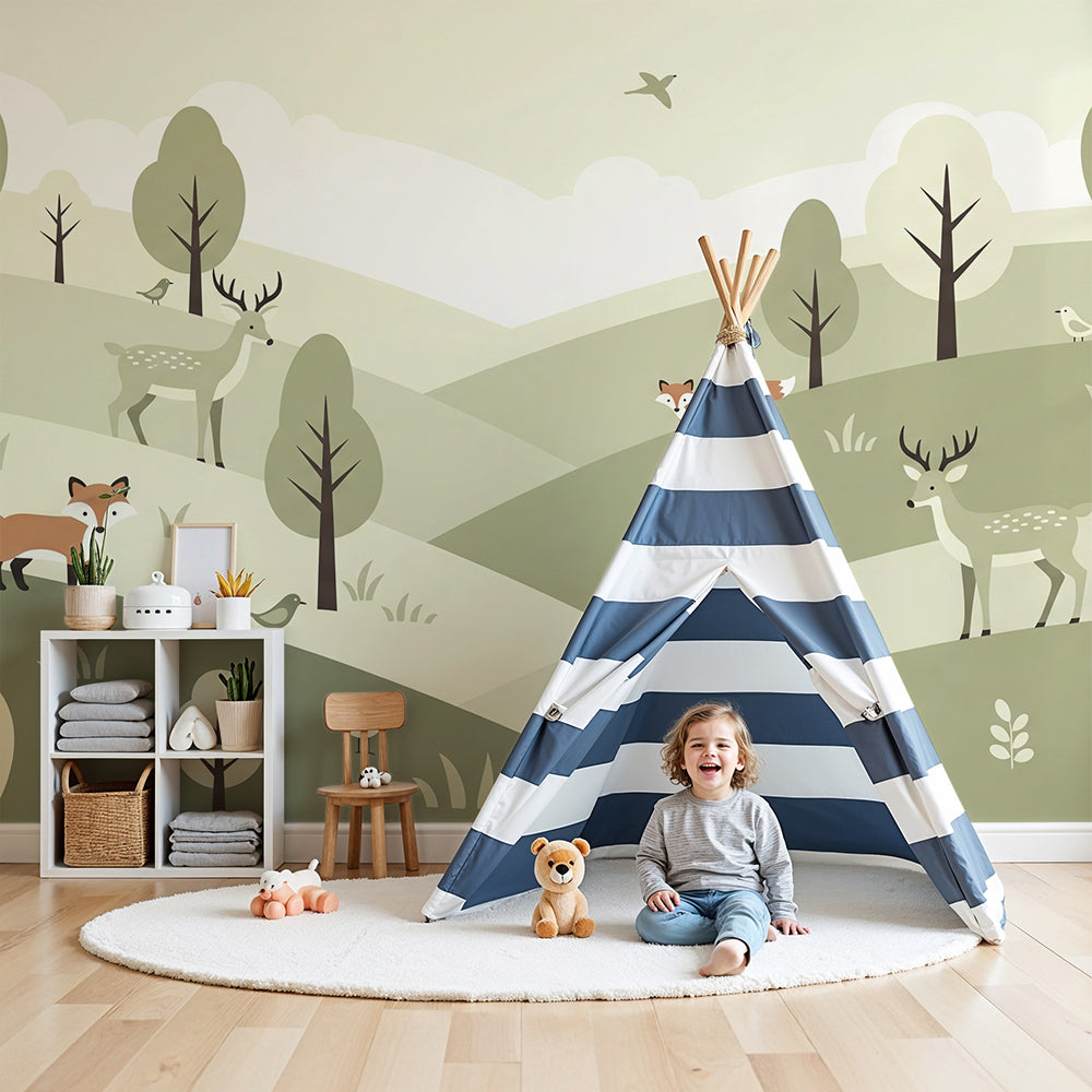 Kids-Mundo fox and deer sage green wall mural made to measure in a calm nursery