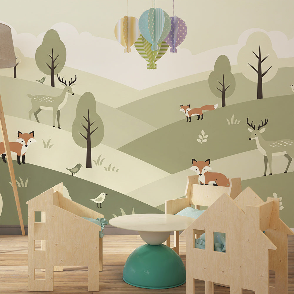 Kids-Mundo fox and deer sage green wall mural styled in a soft playroom setting