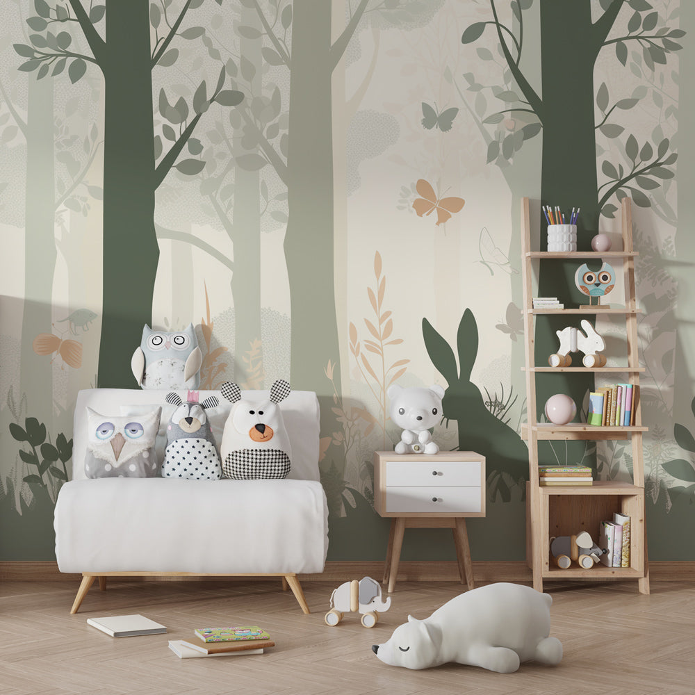 Kids-Mundo green forest wall mural with rabbits covering a wall in a child's bedroom.
