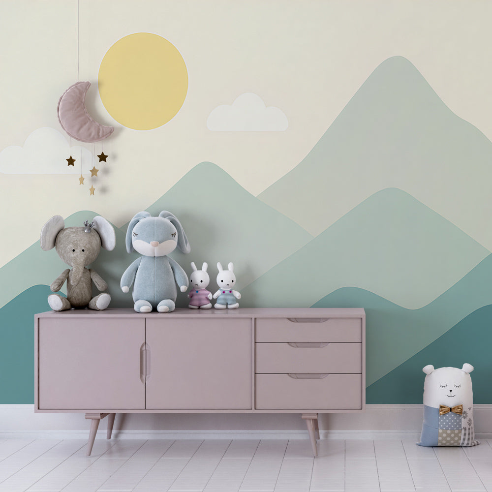 Kids-Mundo sage green mountain wall mural brightening a colourful children's playroom corner