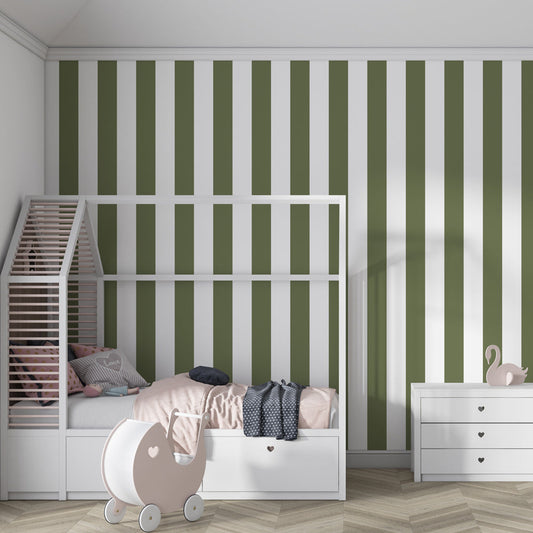 Kids-Mundo sage green stripe wallpaper mural covering a feature wall in a child's bedroom.