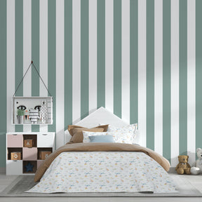 Sage green striped wallpaper creating serene atmosphere in kids playroom decor