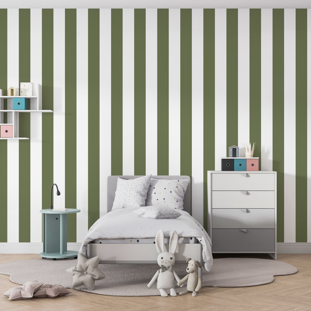 Kids-Mundo sage green stripe wall mural brightening a playroom wall behind soft floor cushions.