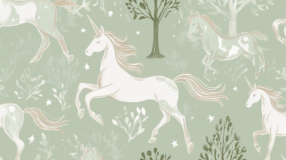 Kids-Mundo flat artwork of an elegant unicorn pattern on sage green background
