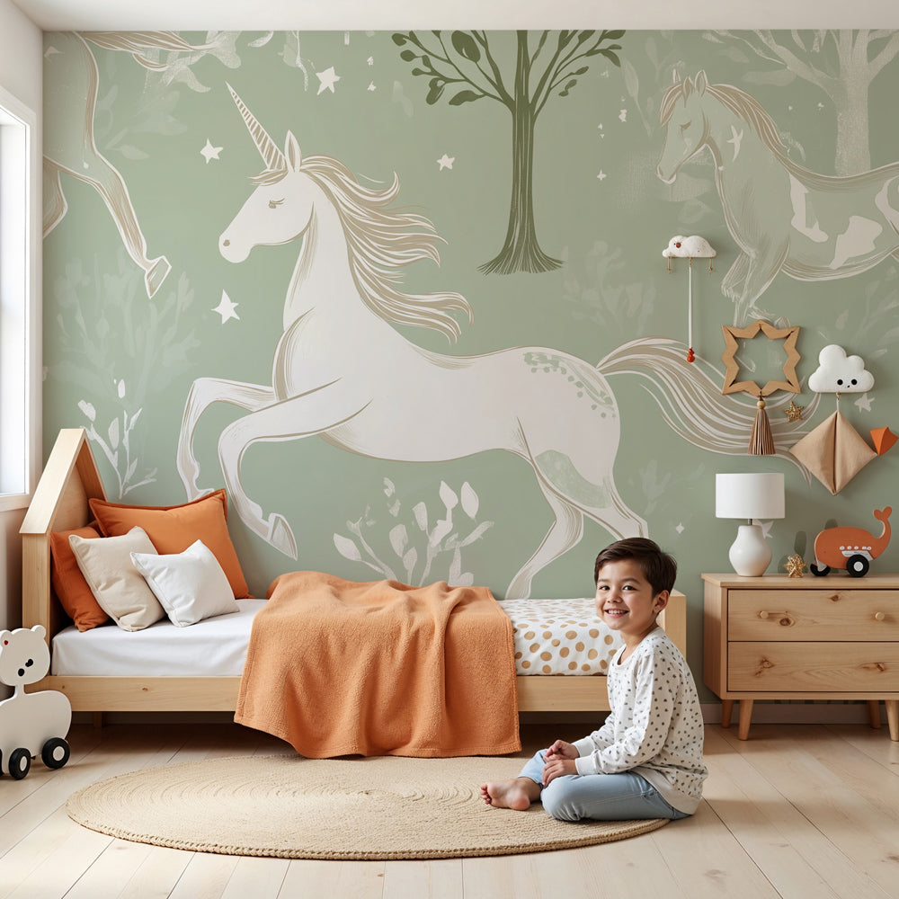 Kids-Mundo elegant unicorn pattern wall mural styled in a sage green nursery