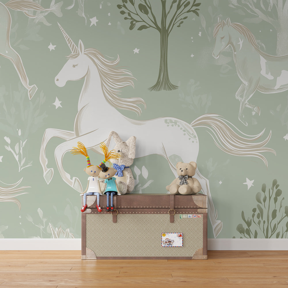 Kids-Mundo sage green unicorn wall mural adding magic to a kids' playroom