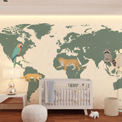 Kids-Mundo cream and green world map mural with raccoon on a child's bedroom wall