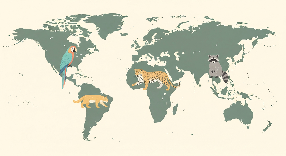 Flat artwork of the Kids-Mundo sage green world map mural with parrot, puma, leopard and raccoon