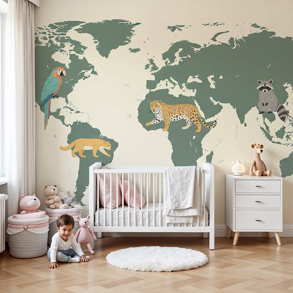 Kids-Mundo sage green world map wall mural with parrot and leopard in a soft nursery