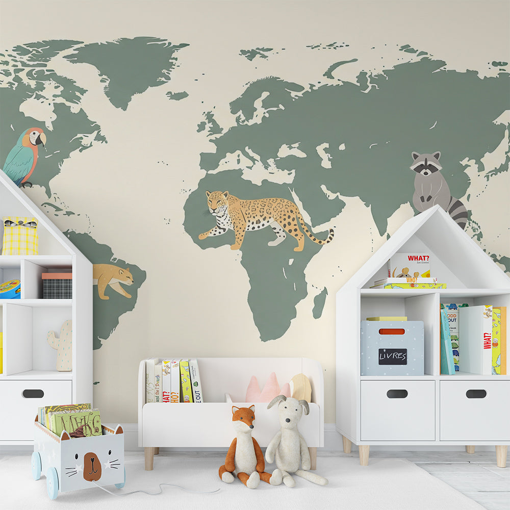 Kids-Mundo sage green world map mural with jungle animals in a playroom setting