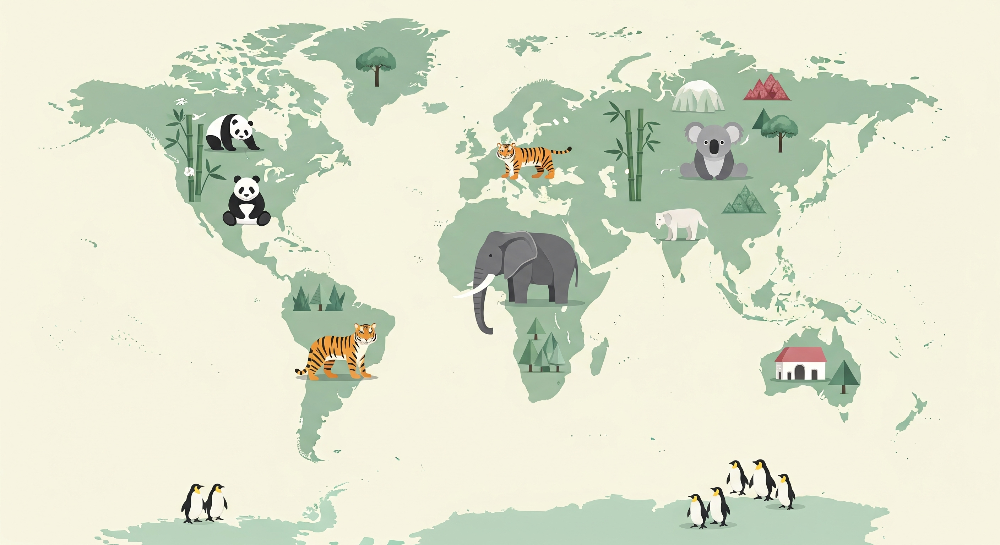 Sage Green World Map with Panda and Tiger Wall Mural