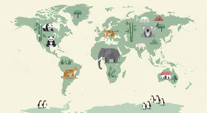 Kids-Mundo flat artwork of a sage green world map with pandas, tiger, elephant and polar bear
