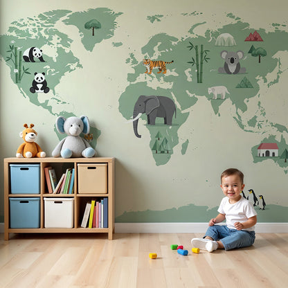 Kids-Mundo sage green world map wall mural with panda and tiger artwork above a nursery cot
