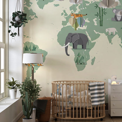 Kids-Mundo sage green world map wall mural with tiger and elephant motifs in a playroom