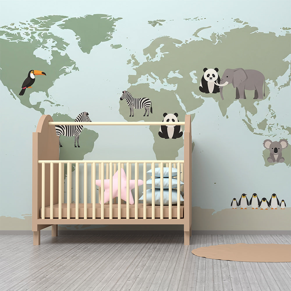 Kids-Mundo world map mural featuring panda and koala on a soft kids bedroom wall