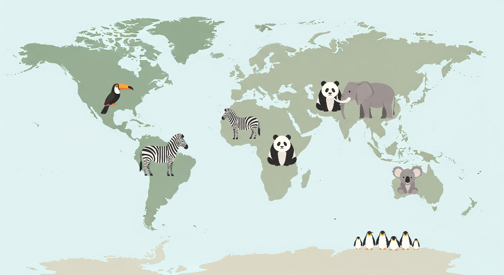 Sage Green World Map with Panda, Zebra and Toucan Wall Mural