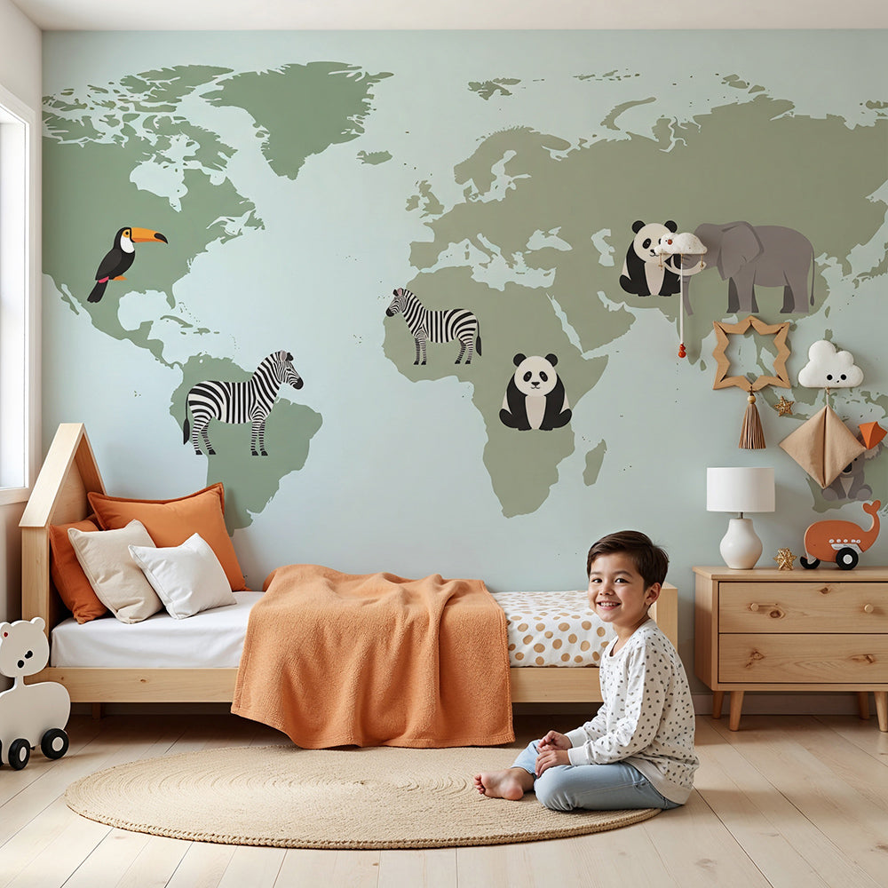 Sage green world map wall mural with toucan and zebra painted in a Kids-Mundo nursery