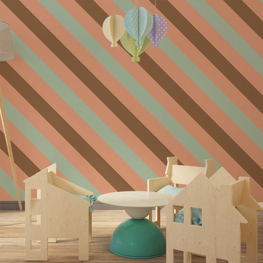 Kids-Mundo multi-tone stripe wallpaper mural in sage and terracotta for a kids' bedroom