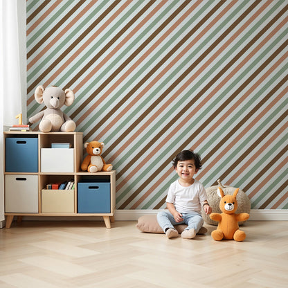 Kids-Mundo fine sage, terracotta and brown pinstripe wall mural in a soft nursery