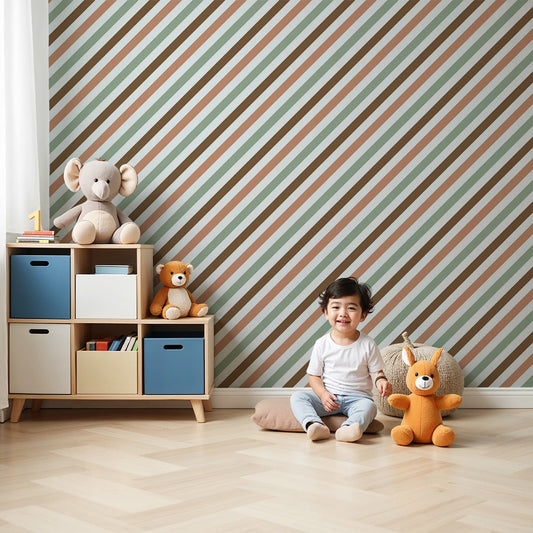 Kids-Mundo fine sage, terracotta and brown pinstripe wall mural in a soft nursery