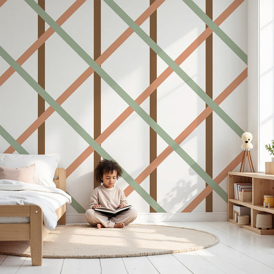 Kids-Mundo sage green and terracotta trellis wall mural styled in a soft nursery