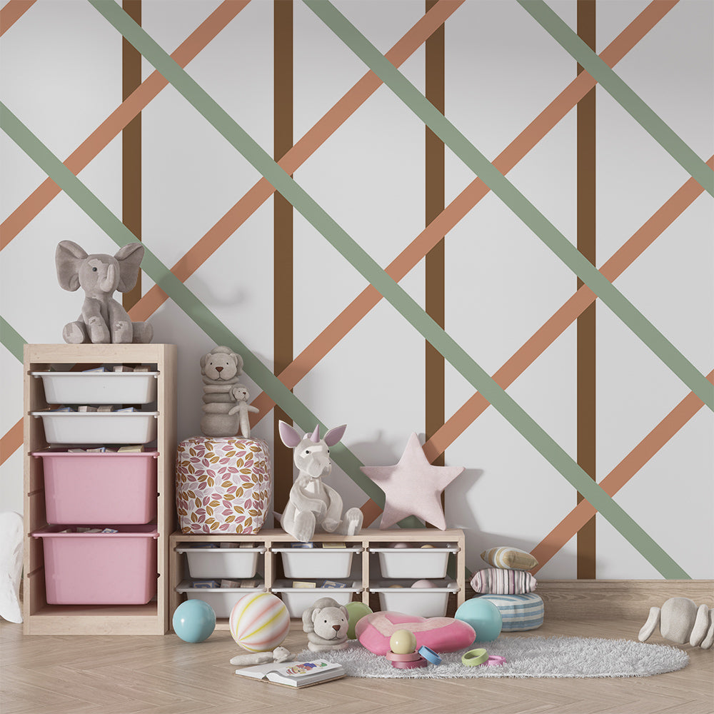 Kids-Mundo terracotta and sage trellis pattern wall mural shown in a bright playroom