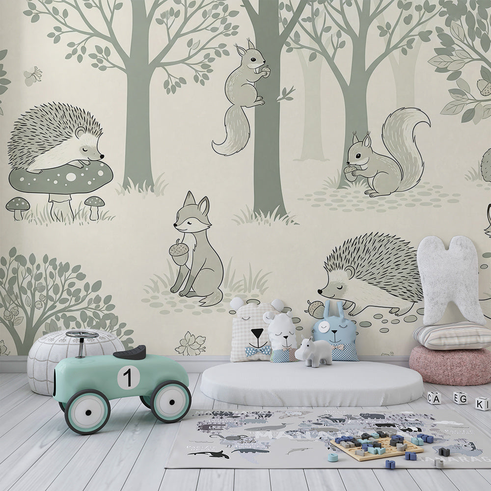 Kids-Mundo sage woodland fox and hedgehog mural styled on a wall in a kids bedroom