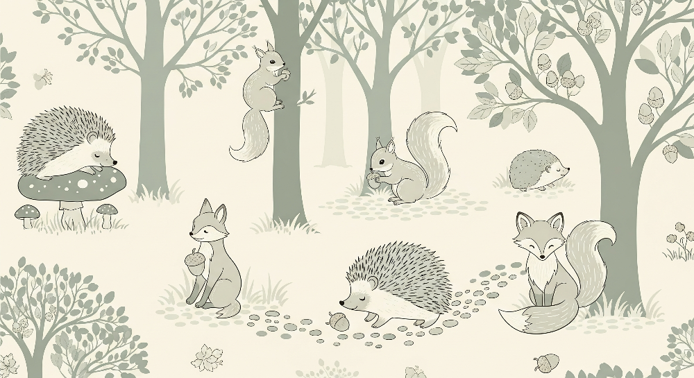 Sage Green Woodland Hedgehog and Fox Wall Mural