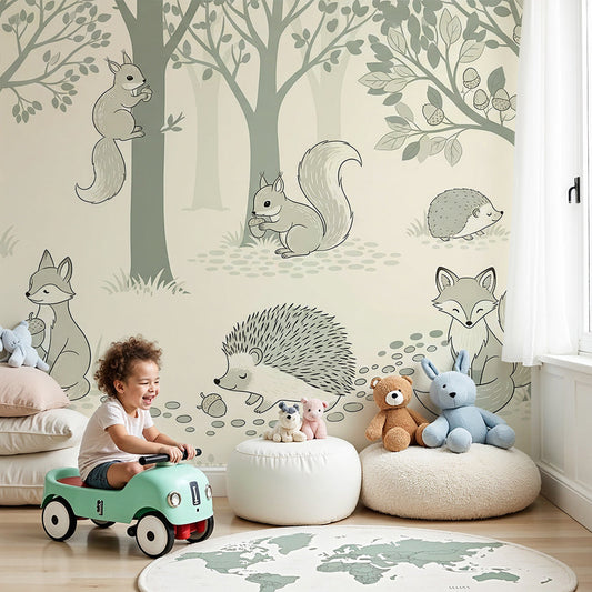 Kids-Mundo sage green woodland wall mural with a hedgehog installed in a calm nursery