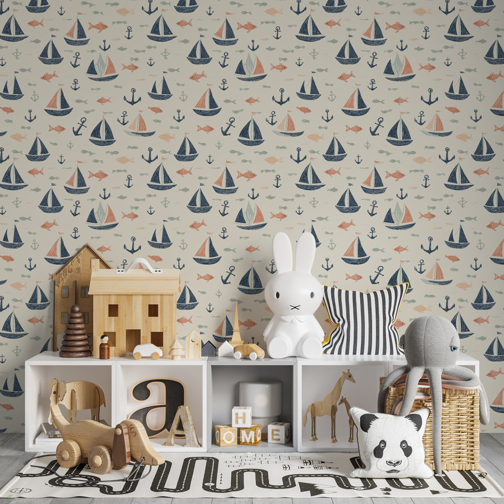 Maritime themed mural wallpaper transforming kids bedroom with sailboats and marine elements