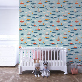 Maritime sailboat wallpaper transforming kids bedroom into nautical adventure space