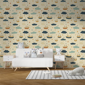Maritime themed mural wallpaper with boats and stars for kids coastal bedroom decor
