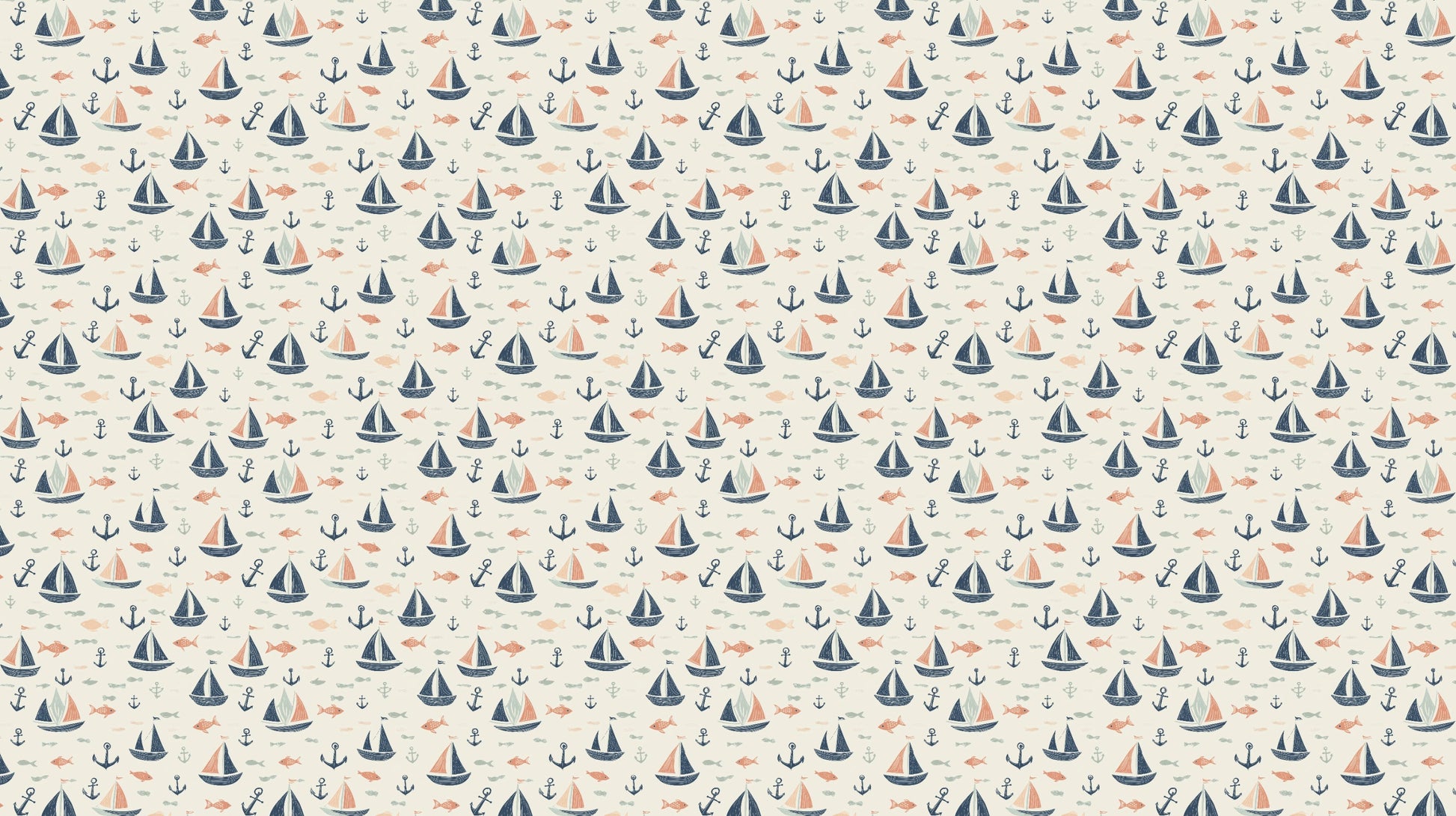 Detailed sailboat and fish mural wallpaper design pattern with coral and blue tones by Kids-Mundo