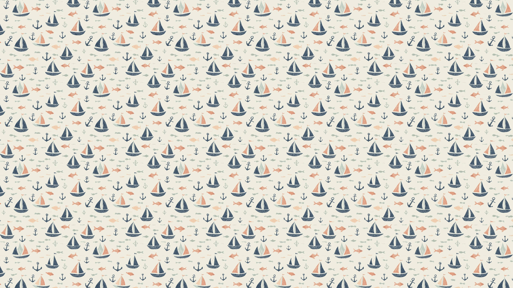 Detailed sailboat and fish mural wallpaper design pattern with coral and blue tones by Kids-Mundo