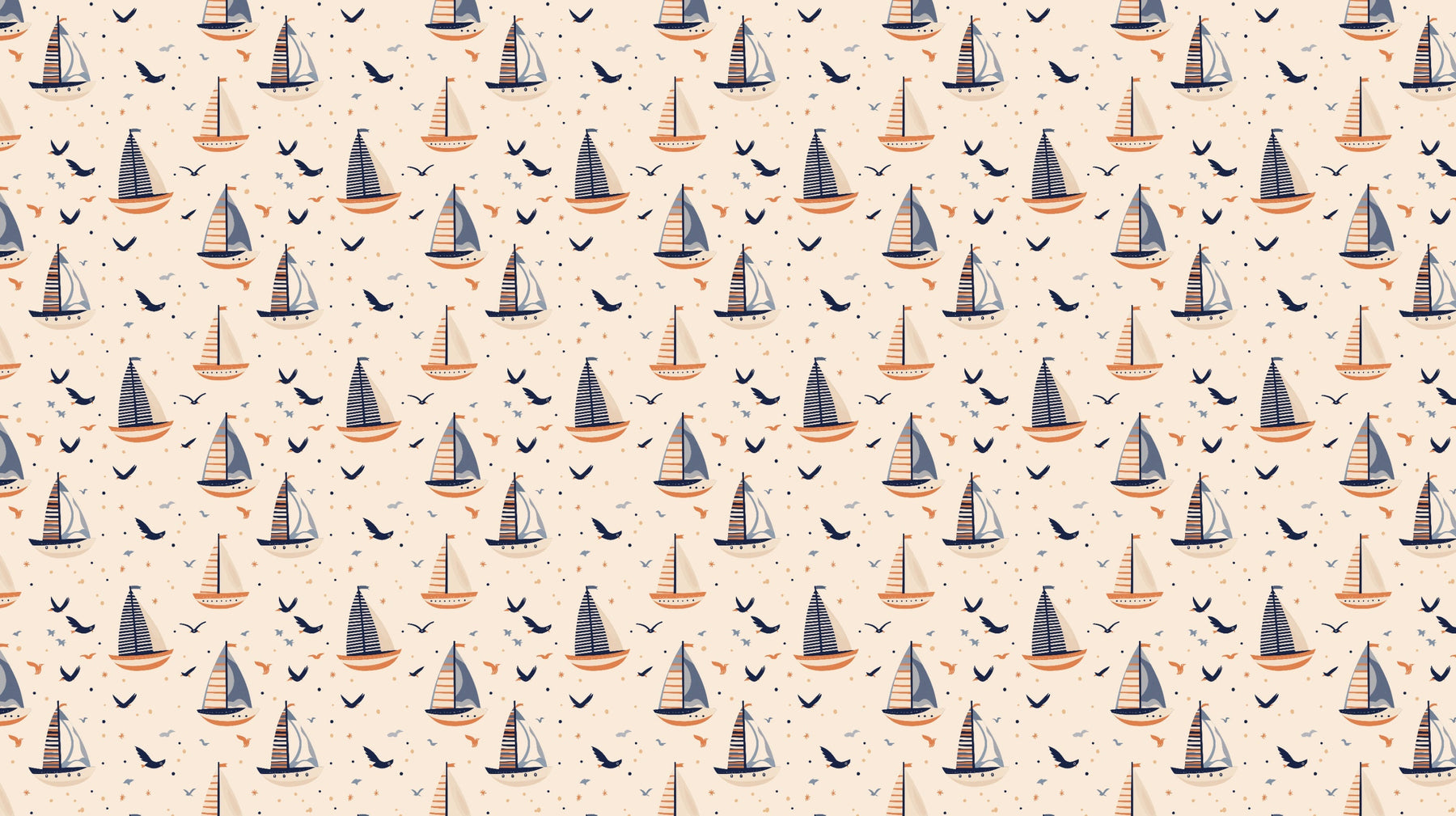 Detailed sailboat and seabirds mural wallpaper design pattern on beige background by Kids-Mundo