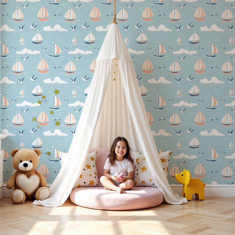 Sailboat mural wallpaper creating peaceful maritime nursery decor with blue sky theme by Kids-Mundo